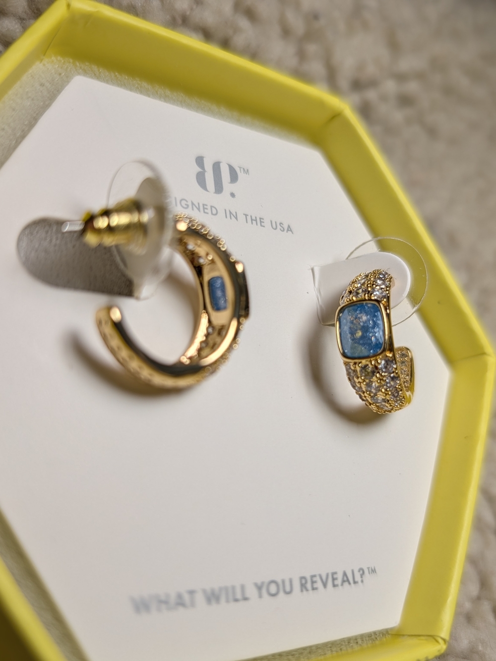 bp limited edition | gold hoop earrings | blue stone and pavé crystals